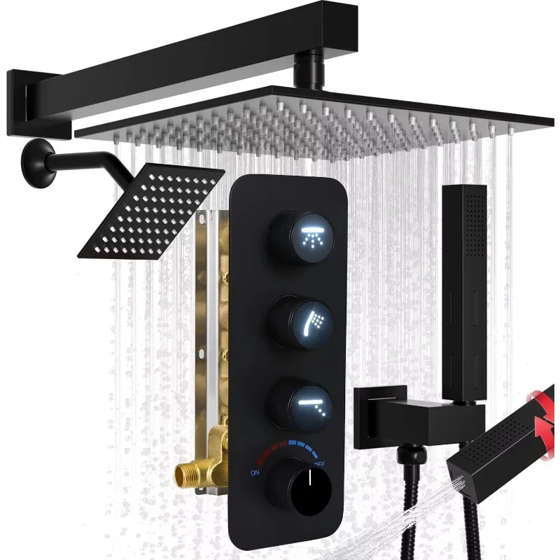 

Матовый черный, 10 дюймов, 6 дюймов, двойная душевая система для дождя, настенное крепление, ручные смесители 2-в-1, все функции, работают вместе, регулируемая громкость