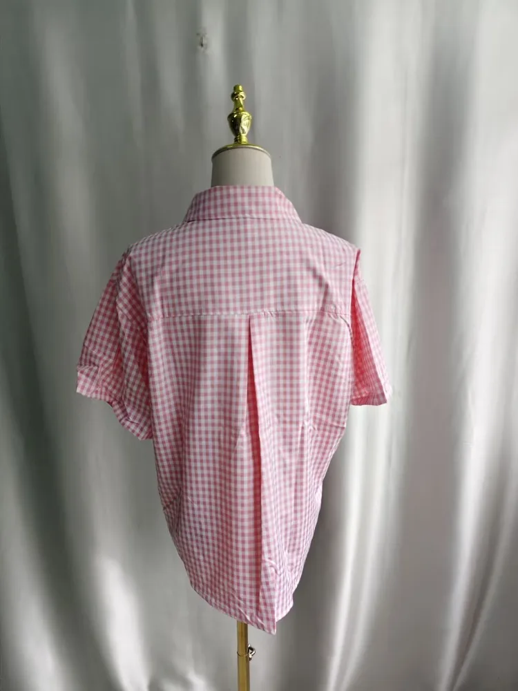 Kimutomo Shirts Women Embroidery Cat Plaid Short Sleeve Sweet Fashion Vintage Y2k Aesthetic Harajuku Blouse Female Casual view 6