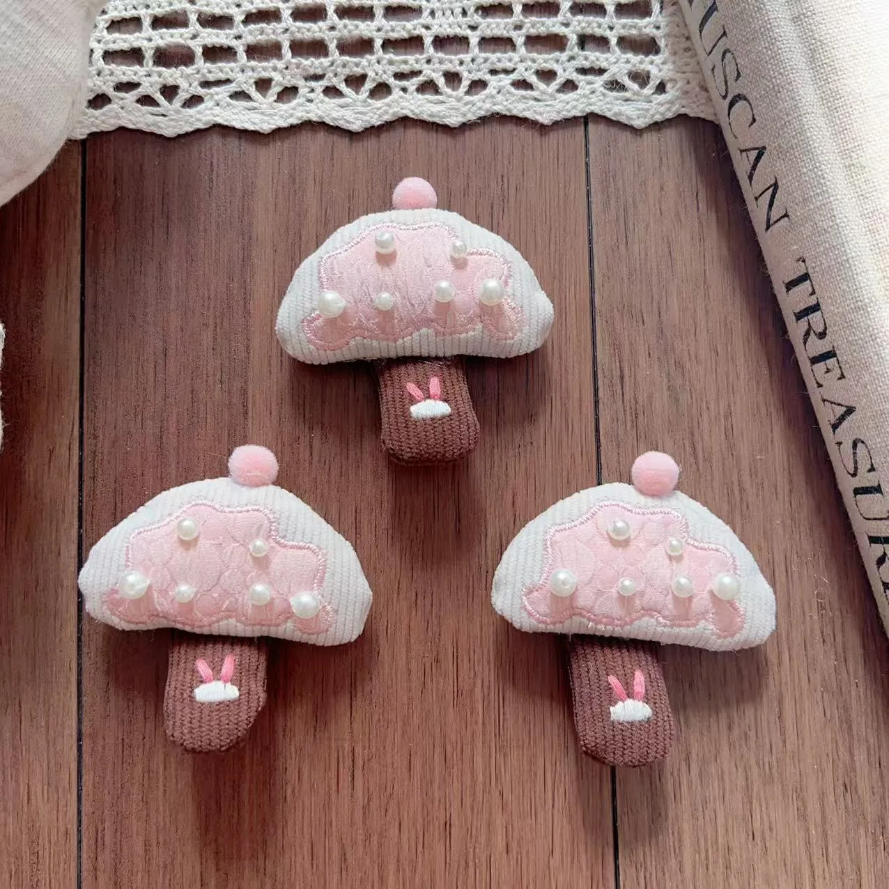 

Premium Stuffed Fabric Pink Beaded Mushroom Doll Hair Brooch Pin DIY Cute for Clothing Trim Accessory