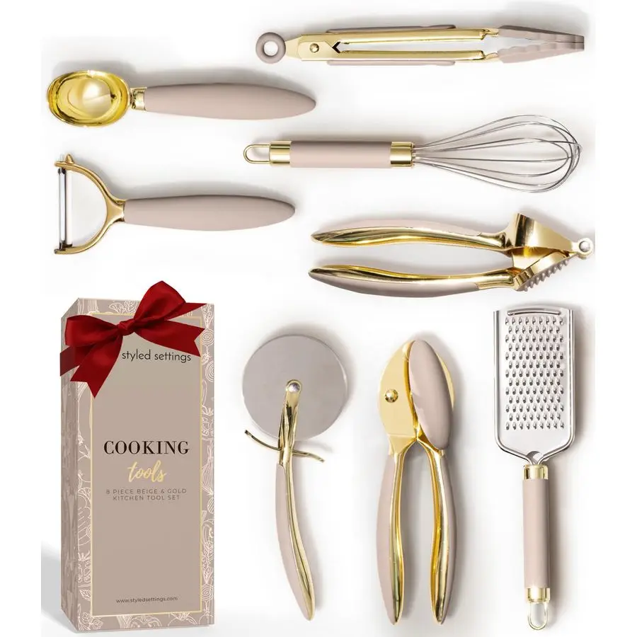 

and Beige Kitchen Utensils Set 8 PC Cooking Gadgets with Mini Gold Whisk and Tongs, Pizza Cutter, Garlic Press, Cheese Grater, P