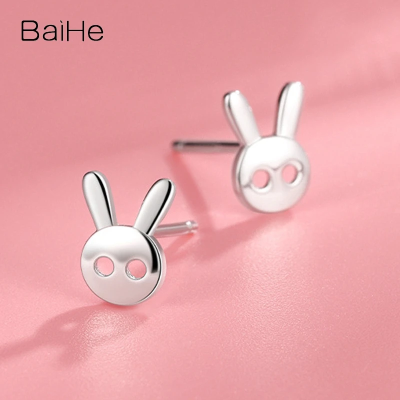 BAIHE Solid 14K White Gold Rabbit Stud earrings for women men Trendy Daily wear Engagement Fine Jewelry Boucles d’oreilles