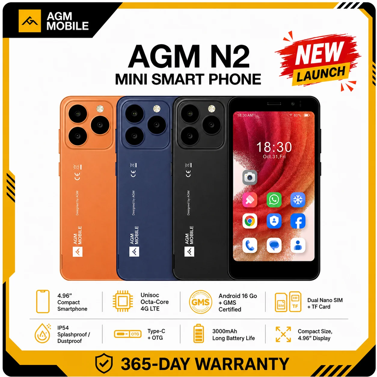 AGM N2 Mini Smartphone Compact Size 4.96' Display 3GB 32GB 3000mAh Removable Battery Android 16 GO System Lightweight Phone