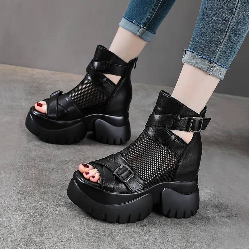 Koznoy 7cm Air Mesh Genuine Leather Knee High Fashion Summer Ankle Boots Women Hollow Lady Chimney Sandals Ankle Booties Shoes