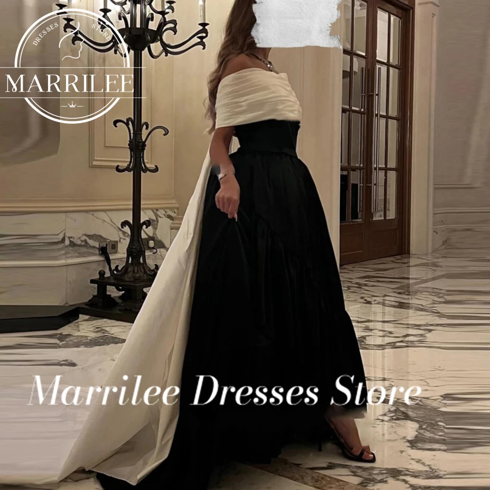 Marrilee elegant von der Schulter Saudi-Arabisch Elfenbein und schwarz Fleck Ballkleid A-Linie Sweep Zug Evning Kleider formellen Anlass