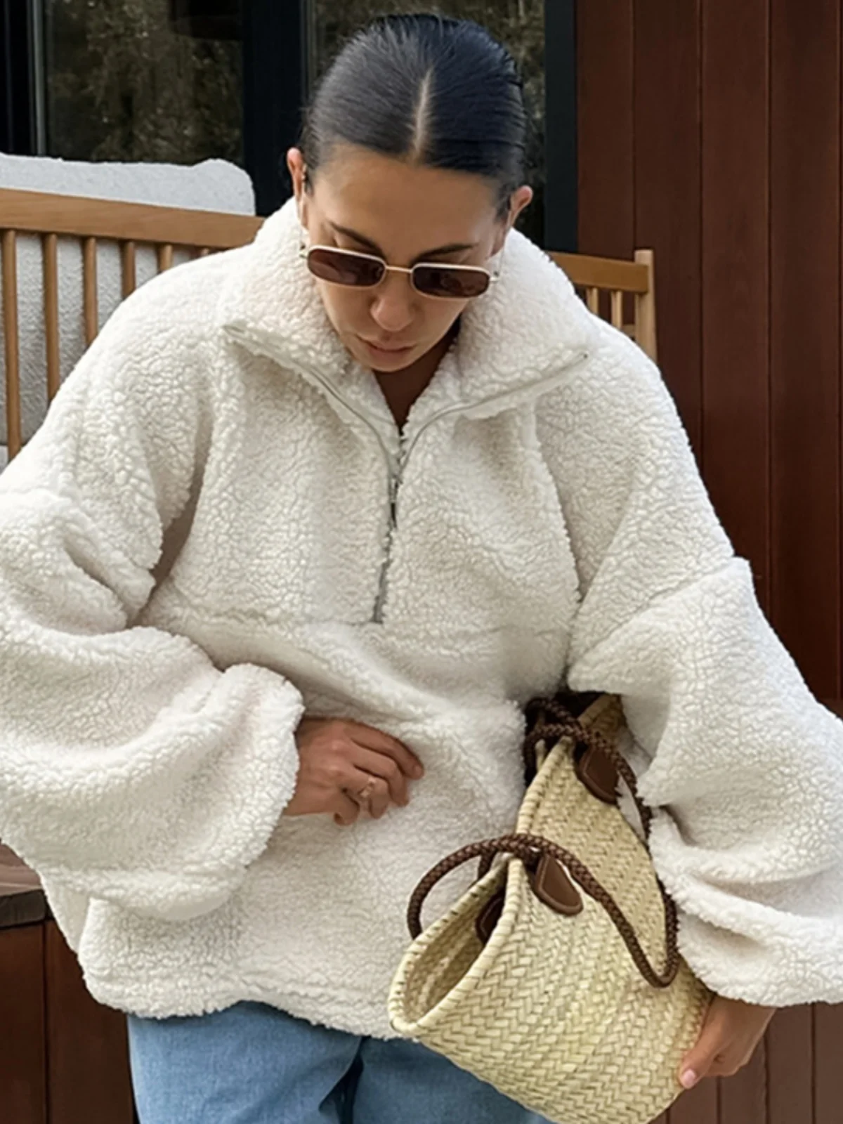 

Thiened Lamb Fur Hoodie Jaet Women's Faion Loose Winter New Sle Streetwear Long Sve Zipper Closure Color Top