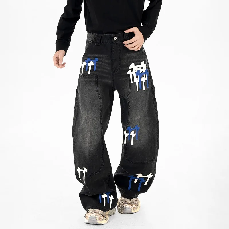 

Trendy New Colorblock Patchwork Design Black Men's Jeans Wide Leg Straight Trousers Vintage Washed Denim Long Pants