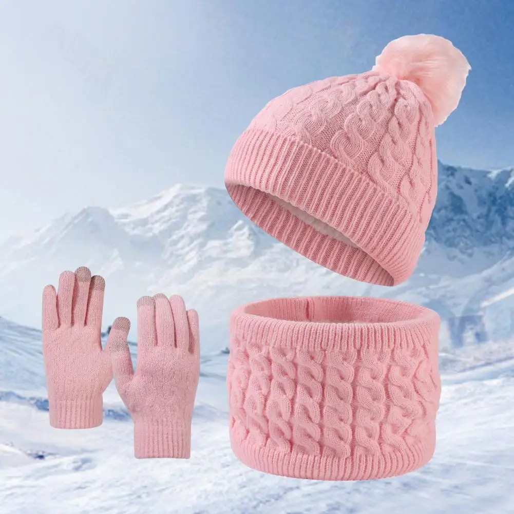 Hat Scarf Gloves Combo Winter Outdoor Cycling Dome Neck Warp Set with Touch Screen Gloves Thick Knitted Warm Cap for Windproof