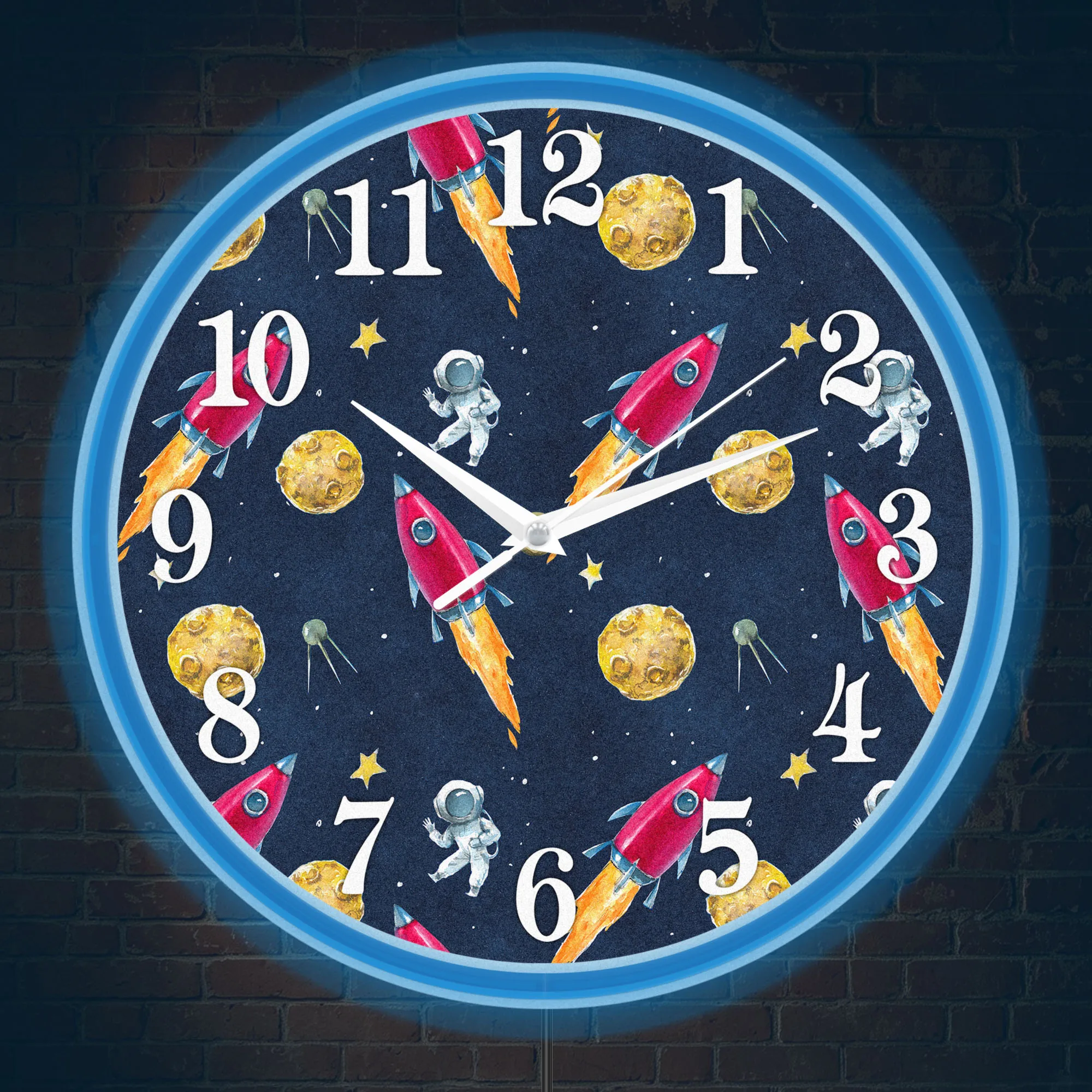 Deep Space Rocket Ship Astronaut Glowing LED Neon Wall Clock for Kids Nursery Room Galaxy Planet Explorer Illuminated Wall Clock