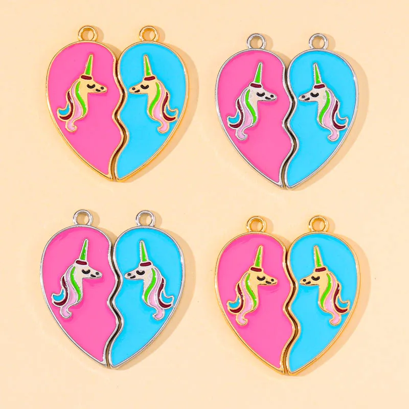 10pcs Sweet Unicorn Love Heart Broken Enamel Alloy Charms Stitching Couple Necklace Pendant Friendship Good Friends Jewelry Gift