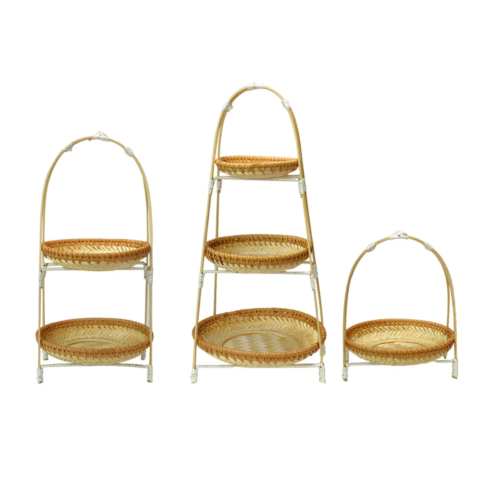 

Bamboo Basket Tray Desktop Fruit Food Storage Bowl Farmhouse Serving Tray Round Plate Woven Storage Basket for Tea Party Wedding
