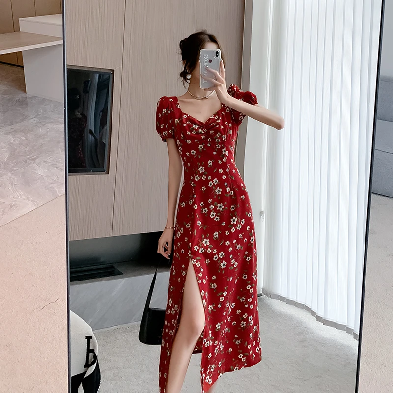 Retro Floral Red Dr 2024 New Bubble Sve Tea Break Long Dr Women Summer High Waist A-Line Skirt V-Ne Polyester an...