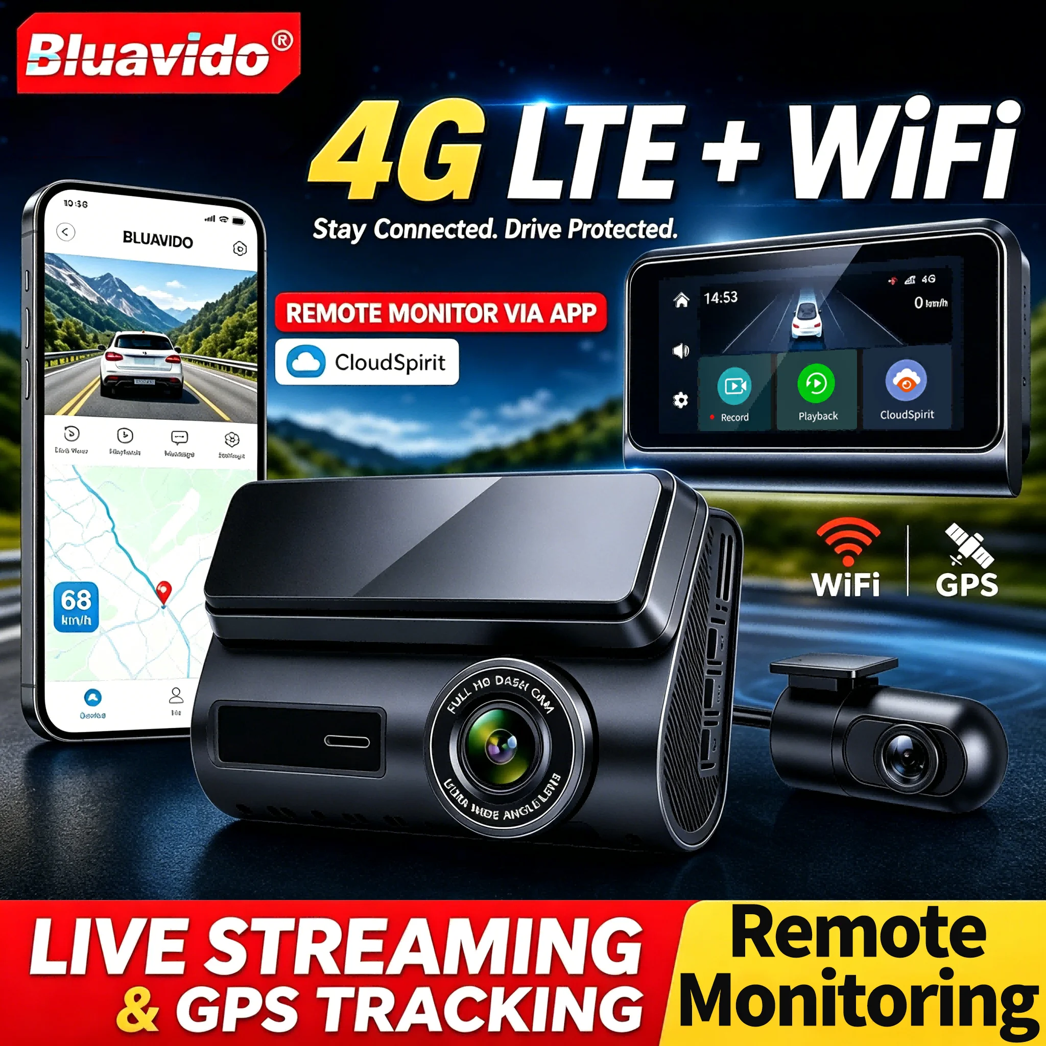 Caméra embarquée 4G LTE GPS WiFi 2K avant et arrière, vidéo en direct 720P, surveillance à distance, moniteur de stationnement 24h/24, vision nocturne, DVR de voiture