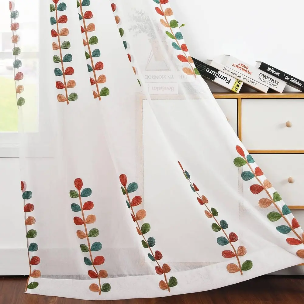 Cortinas transparentes brancas bordadas com folhas coloridas, 60 L x 106 L, conjunto de 2 para sala de estar e quarto