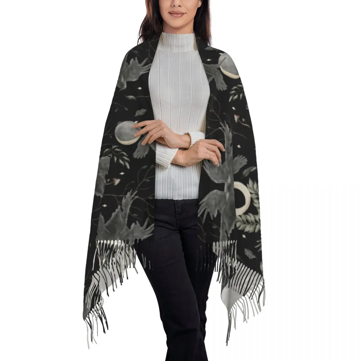 Crow Moon Scarf Wrap for Women Long Winter Fall Warm Tassel Shawl Unisex Halloween Spooky Witch Scarves