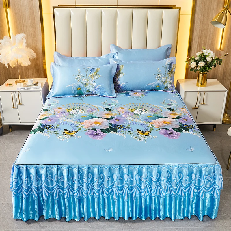 Cooling Bed Skirt Pillowcase for Summer colcha de cama queen Floral Style Bedspread 180x220 Lace Bedsheet with Anti Slip Straps