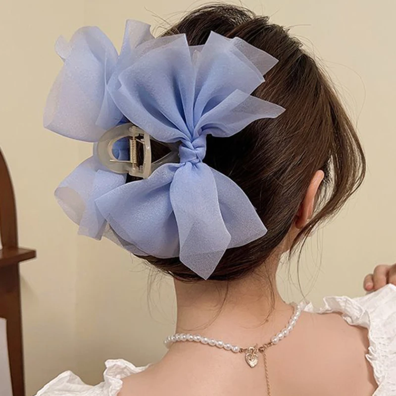 Mesh Bow Grab Clip Large Hair Clip Women\'s Hair Top Clip Silk Hair Bows Clip Hairpin Girl Headwear Hair Accessory Christmas Gift