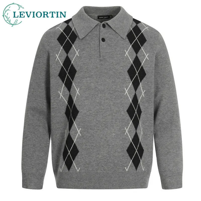 

Мужской свитер с лацканами в американском стиле, жаккардовый облегающий свитер с ромбовидной сеткой и универсальным вязаным воротником-поло с длинными рукавами