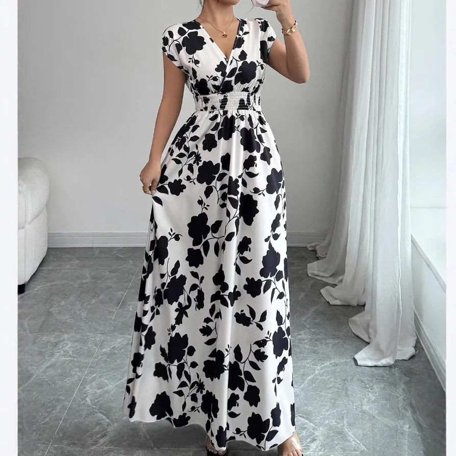 2026 Damen Neues Modisches Lässiges Alltägliches Bequemes Elegantes Schnürkleid mit Blumenmuster V-Ausschnitt Kurzarm Tailliertes Langes Kleid