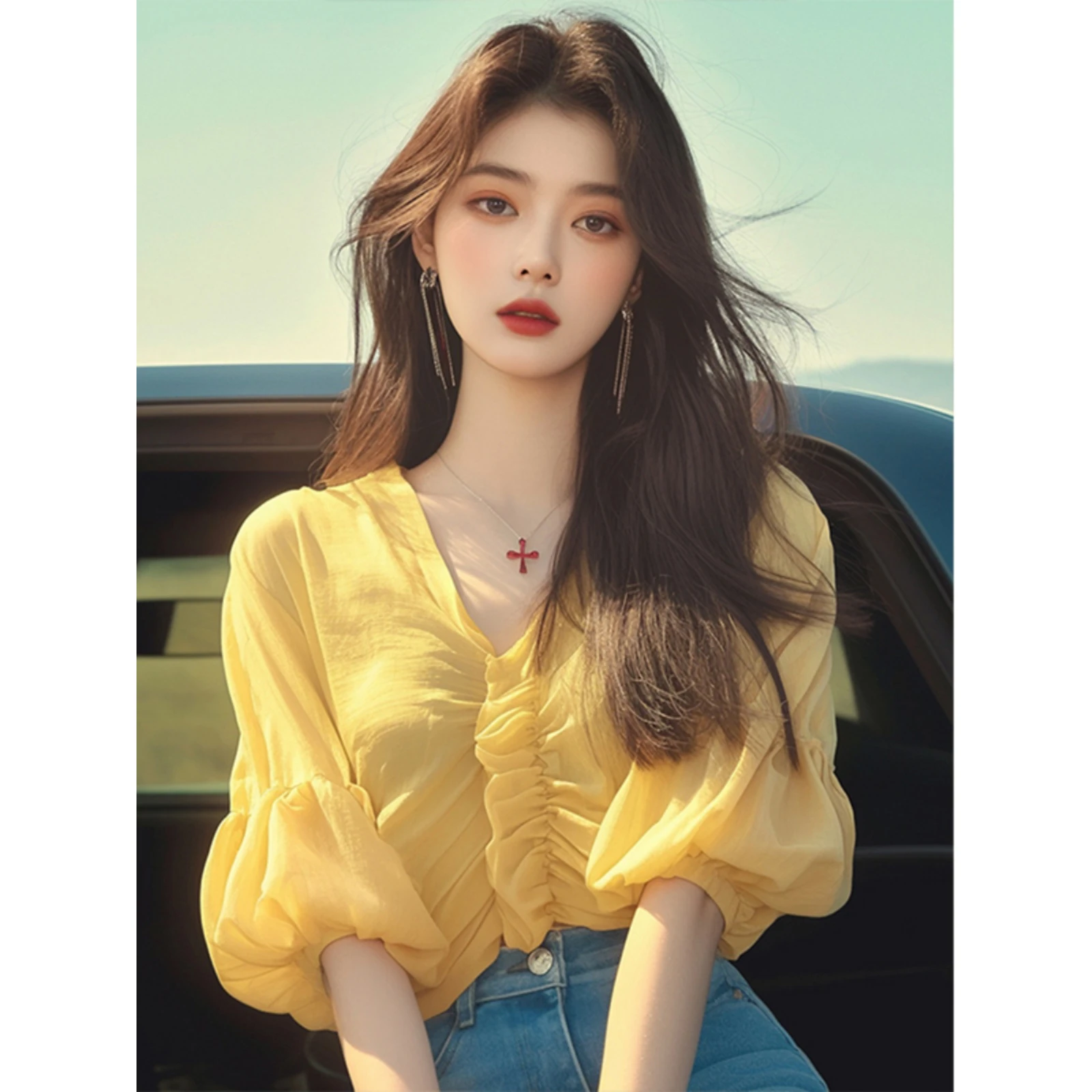 Mousseline de soie irt 2025 nouveau Sle jaune v-ne plissé bulle Sve haut Ele belle petite Blouse trajet Sle couleur Pure