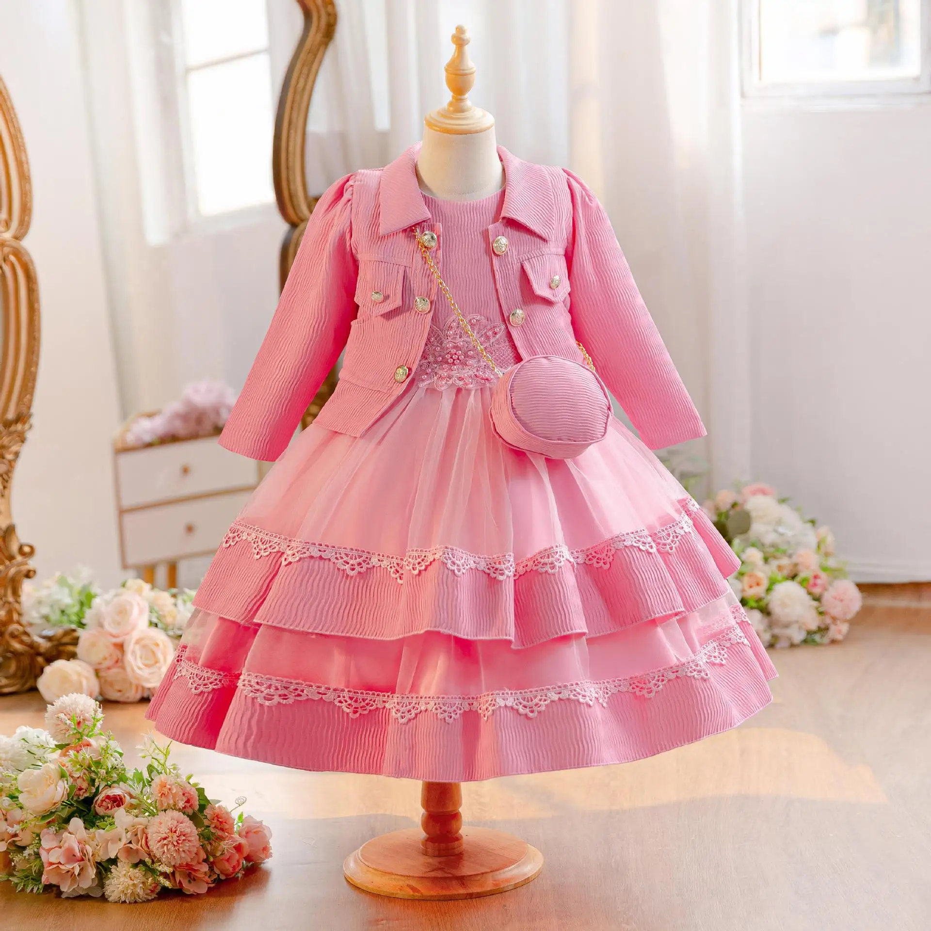 

HETISO Autumn Girls Two-piece Dress With Bag Long Sleeve Embroidered Jacket Elegant Children's Party Gown Gift 3-9 Years