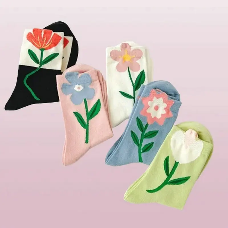 Chaussettes à fleurs de tulipe pour femmes, chaussettes mi-mollet, confortables et respirantes, haute qualité, mode, nouveau, 2024, 5 paires