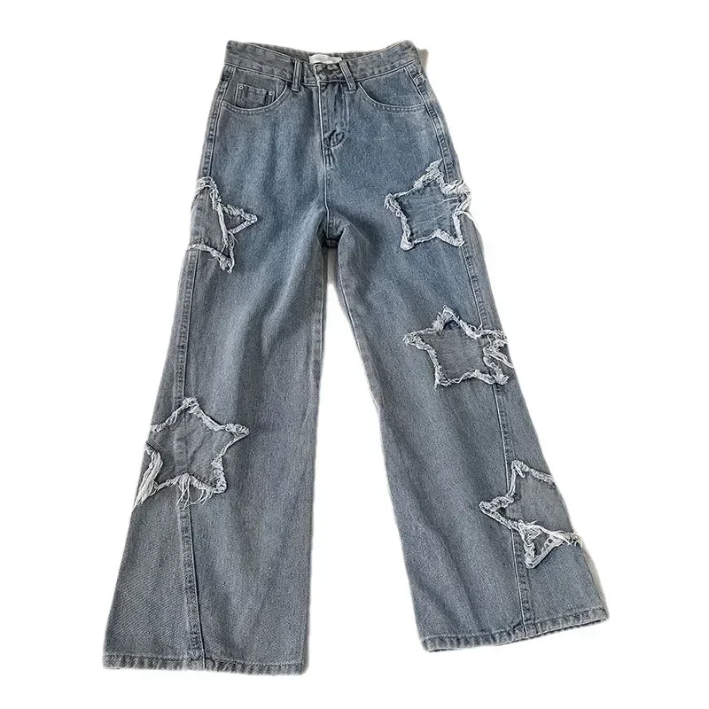 Women Y2K Korean Fashion Wear-resistant Patch Star Pattern Retro Jeans High Waist Distressed Trousers Straight Street Style