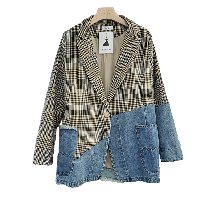 Spring Autumn Plaid Suit Collar Blazer Splicing Denim Jacket Women Mid Length Big Pocket Outerwear Patchwork Jeans Jacket Female