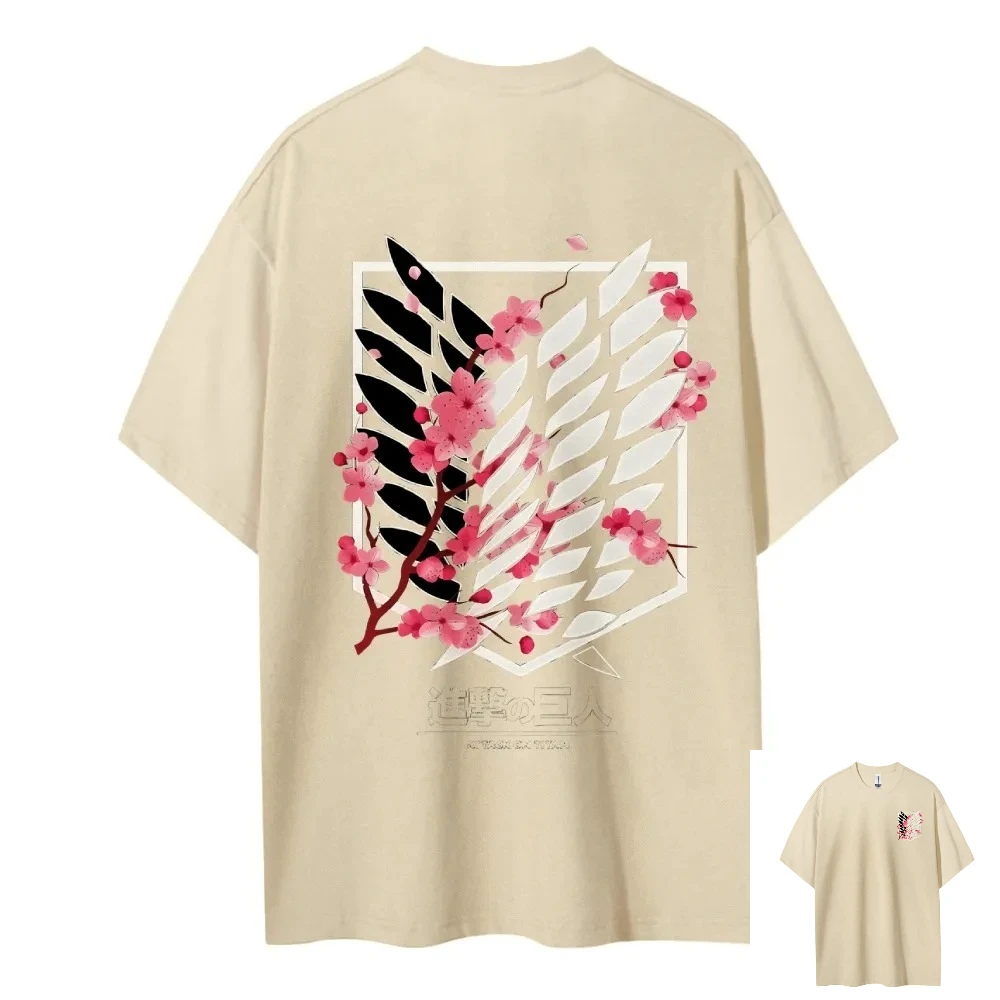 Attack on Titan T-Shirt Wings of Freedom Pink Cherry Blossom Back Print Men Women Cotton Oversized Loose Fit Comfort Streetwear