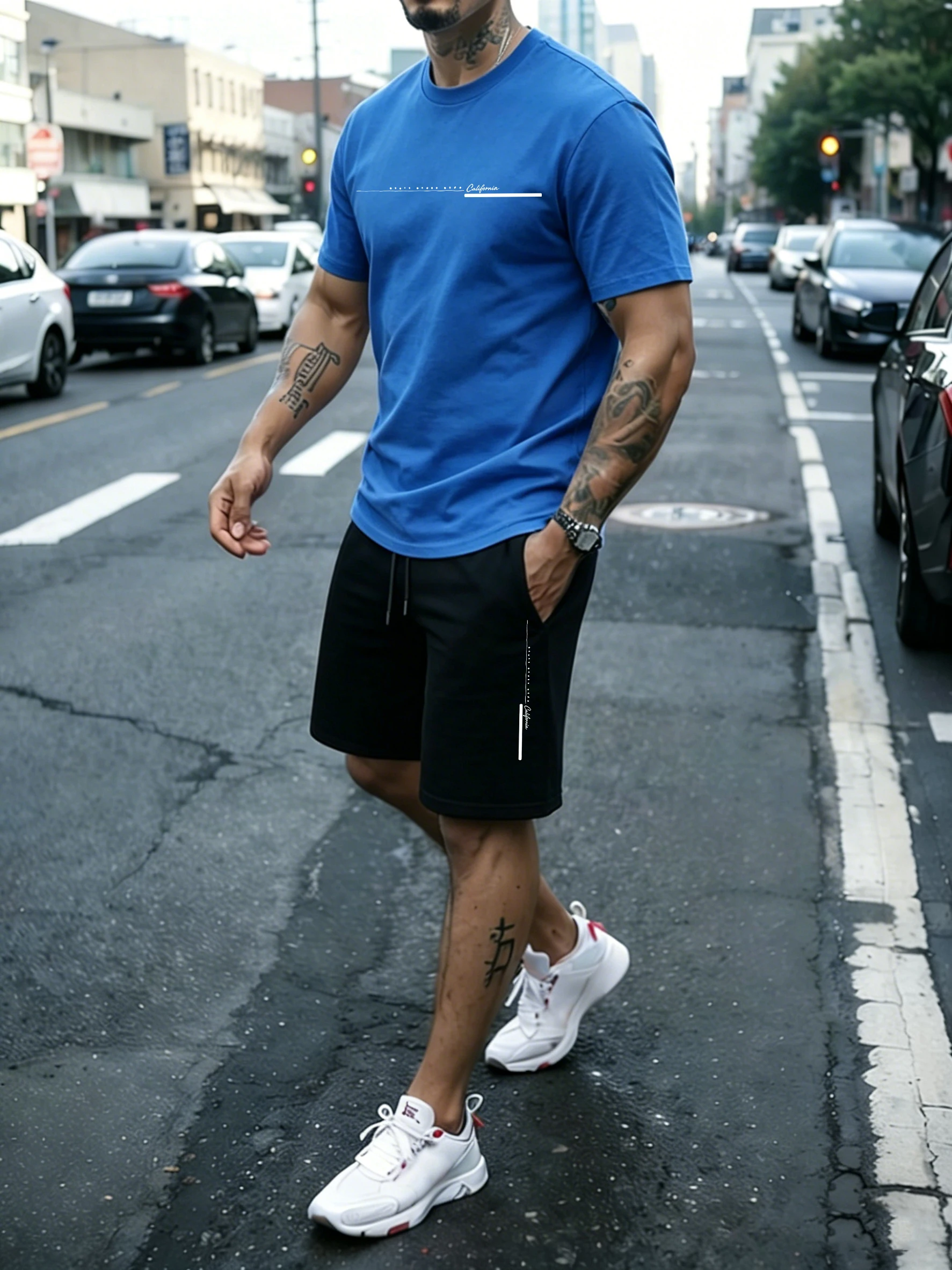 

California Simple Letter Print Cotton Summer Sport Short Sleeve Sets Man Running O-Neck Breathable Tops Beach Drawstring Pants