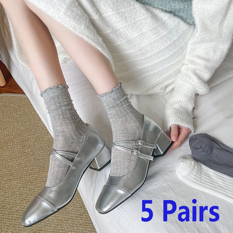 5 Pairs/Lot Women Hollow Mesh Tube Socks Ear Fungus Edge Socks Ins Trendy Spring Summer Loose Mouth Thin Style Girls Pile Socks image 2