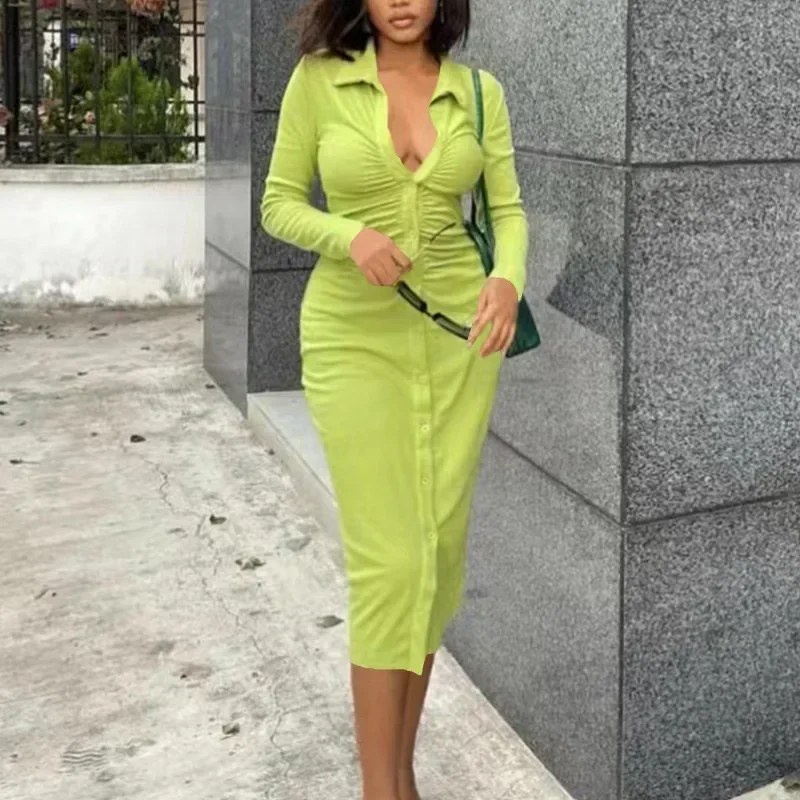 Knitted Long Sleeve Bodycon Dress Pleated One-Step Dress Women Solid Color Elegant Cardigan Sheath Sexy Midi Dress