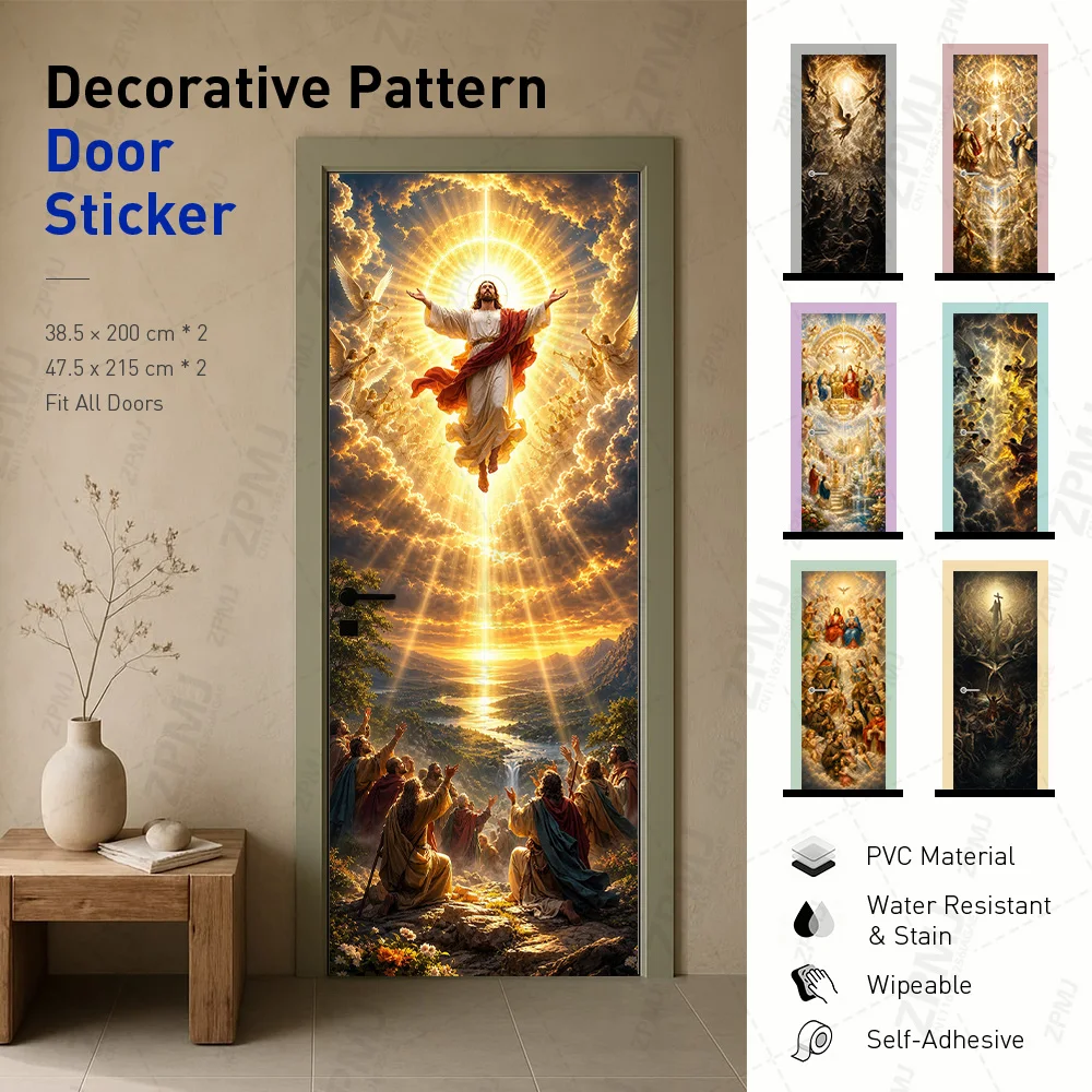 Decorative Door Panel Decal Radiant Light Golden Angel Cathedral Stained Glass Halo Art Waterproof PVC Door Mural for Interior