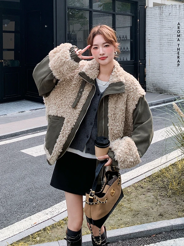 

Lamb Fur Patchwork Cotton Jacket Women's Short Thick Winter Outerwear Korean Style Loose Fit Long Sleeve Zipper Closure
