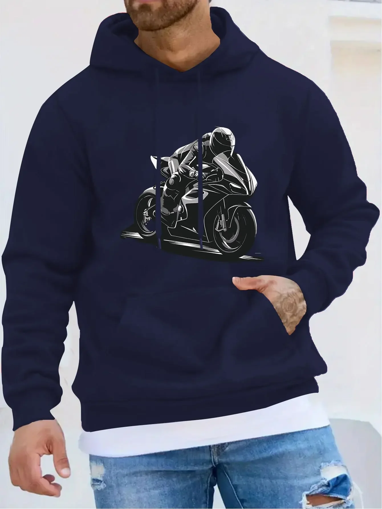 Sport Bike Rider Track Day Front Printed Hoodie Men Casual Regular Fit Hooded Sweatshirt Autumn Winter Fleece Pullover Hoody