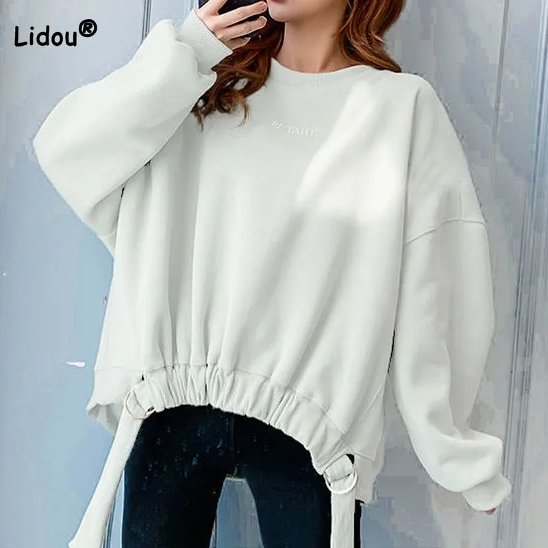 

Korean Loose Bandage Spliced Sweatshirts Casual Long Sleeve All-match Chic Solid Color Round Neck Pullovers Women's Clothing