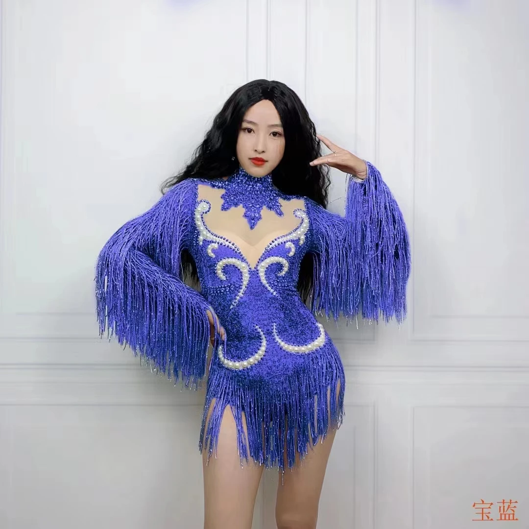 Fashion Gray Fringe Silver RhinestonesPearlsTransparent Bodysuit Women DanceShowCostume Birthday Party Outfit  D007