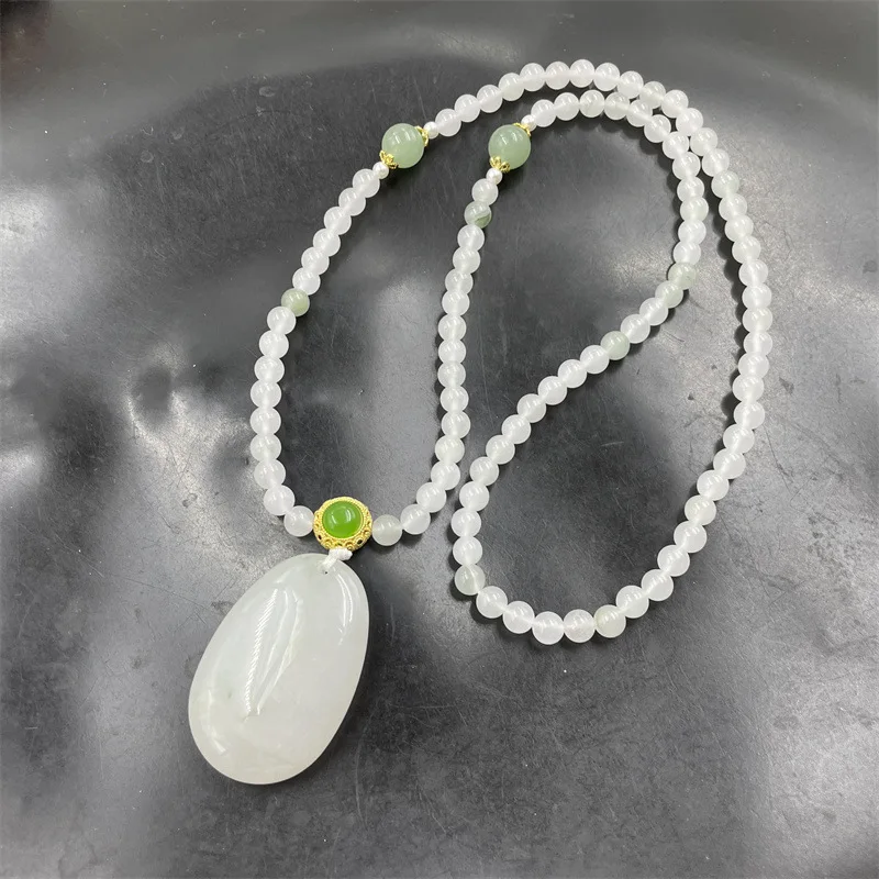 White Background Tian Mountain-Shaped Sweater Chain Green Dongling Jade Necklace
