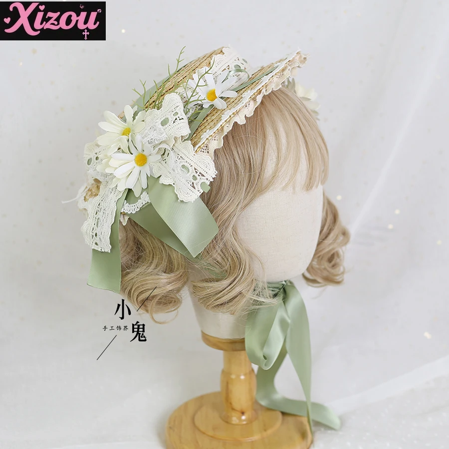 Japanese Sweet Original Lolita Straw Hat Flower Elegant Flat Hat Top Hat Flower Wedding Tea Party Gorgeous Hats Hanyo Eclectic