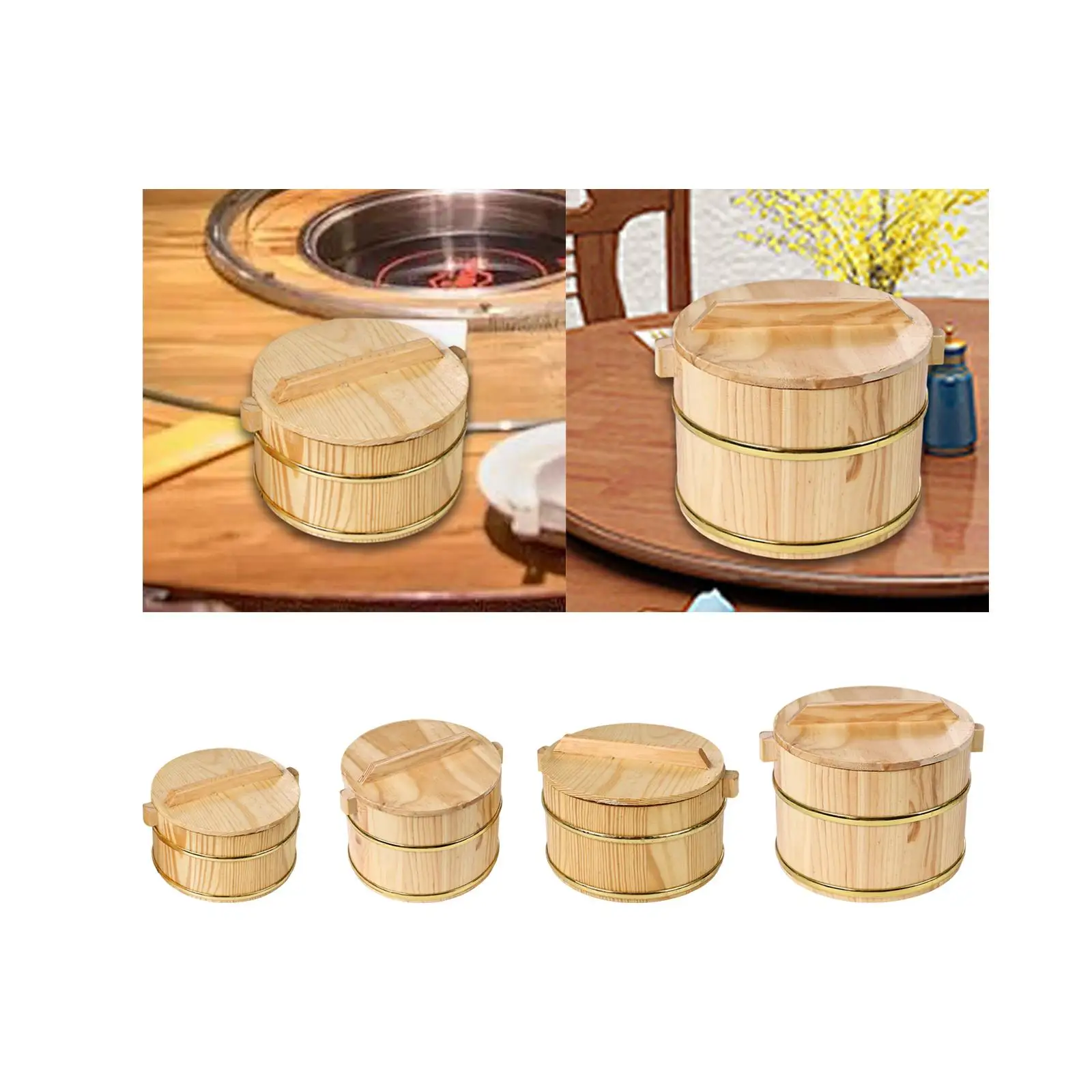 Wooden Steamed Rice Barrel with Lid Heat Resistant Practical Round Rice Bowl Sushi Rice Bowl for Household Kitchen Appetizer