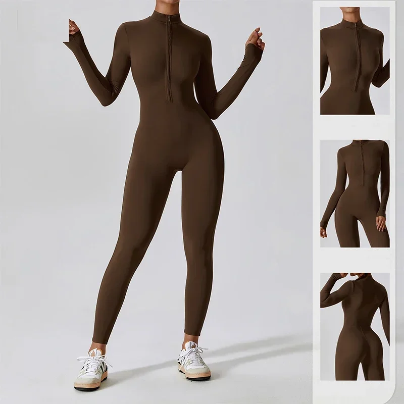 Aiithuug Zip Front Long Sleeve Seamless Fabric Sports Jumpsuits Women Body Suits Fitness Yoga Quick Dry Full Jogging Jumpsuit