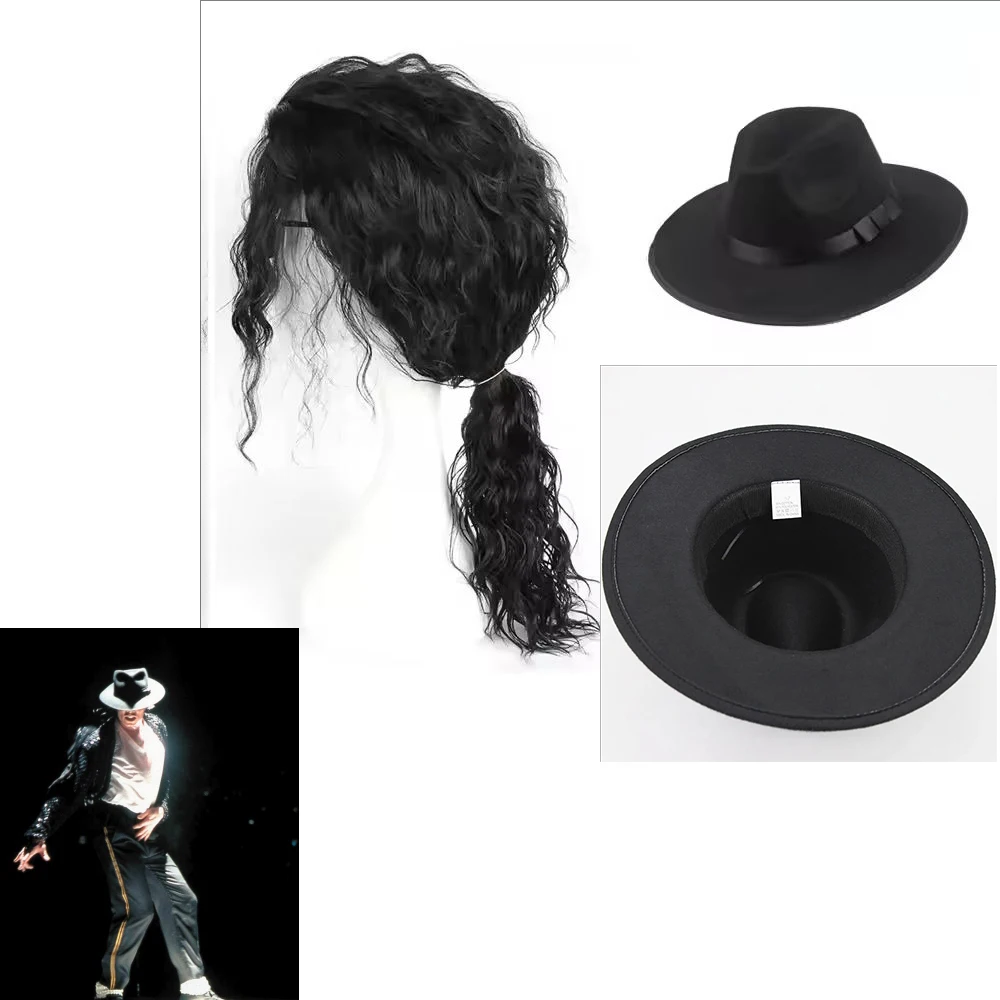 Anime Michael Jackson Cosplay Michael Cosplay Schwarze Perücke Michael Rollenspiel Mittellanges lockiges schwarzes Haar Perücken Hut Hallowe MJ Schwarz