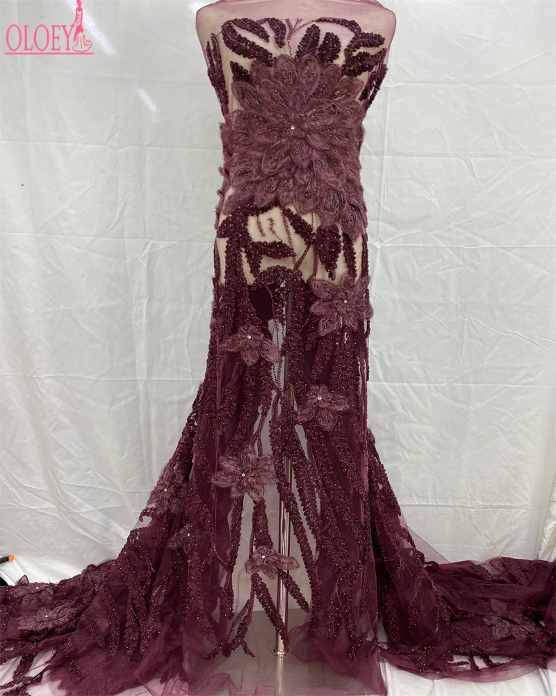OLOEY-tela de encaje de tul francés africano de lujo, tela de encaje de lentejuelas nigerianas con cuentas de alta calidad para vestido de novia