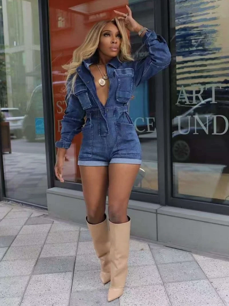 

Streetwear Denim Jumpsuits Spring Clothes Women Long Sleeve Multi Pocket Cargo Jeans Rompers Playsuits One Piece Overalls Outfit