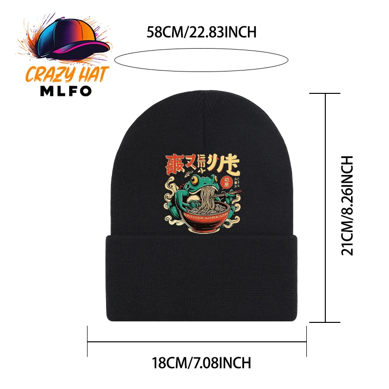 Vintage Fashion Knit Beanie, Retro Frog Ramen Art Print, Great for Urban Streetwear & Casual Shopping