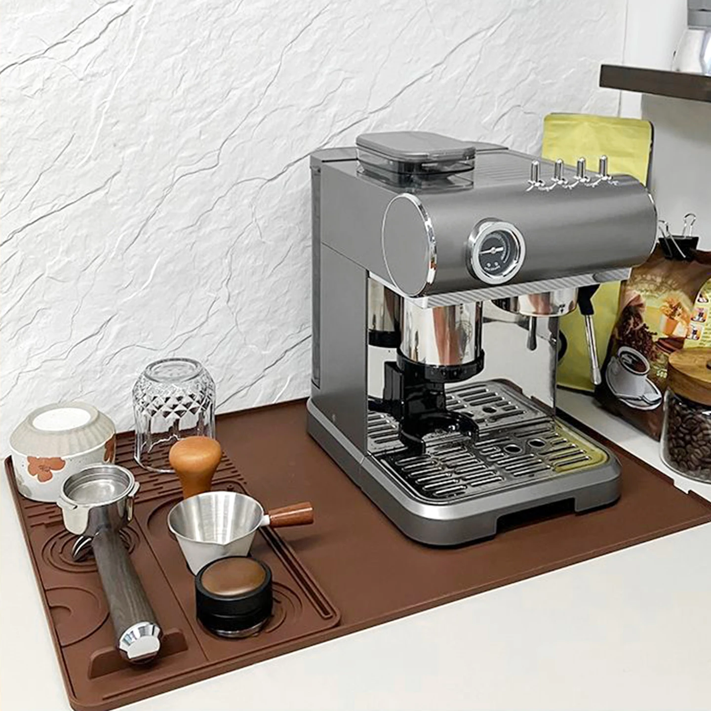 OANKR 2-teiliges Set 39x58cm Kaffeemaschinen-Unterlage und 25x20cm Espresso-Tampermatte, Rutschfeste Matte für Küchenbar-Ablaufschale