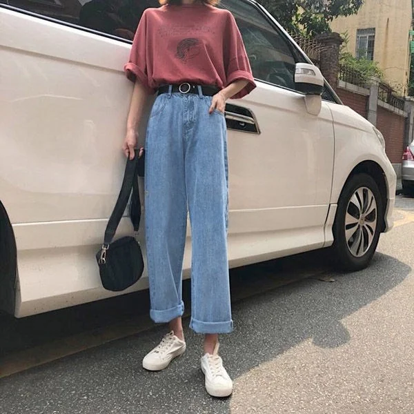 Spring Autumn plus Size Straight Leg Jeans Women's New Style Student Nine Point Loose Slimming Korean High Waist Light Blue W...