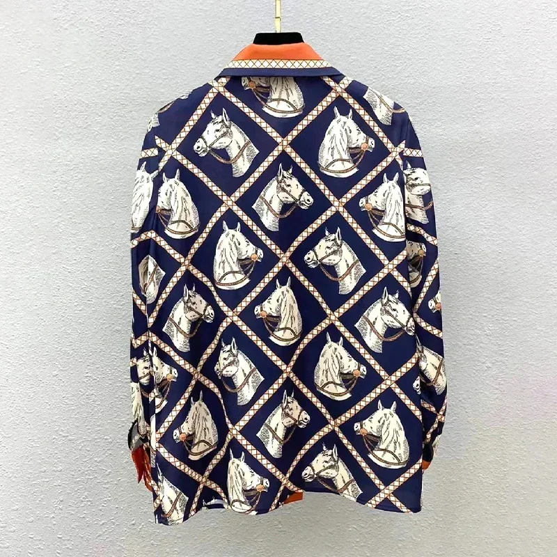 

Luxury Brand Silk Shirt Women Check Equestrian Print Horse Blouse 2024 Spring Summer Long Sleeve Tops Vintage Trend Y2K Clothing