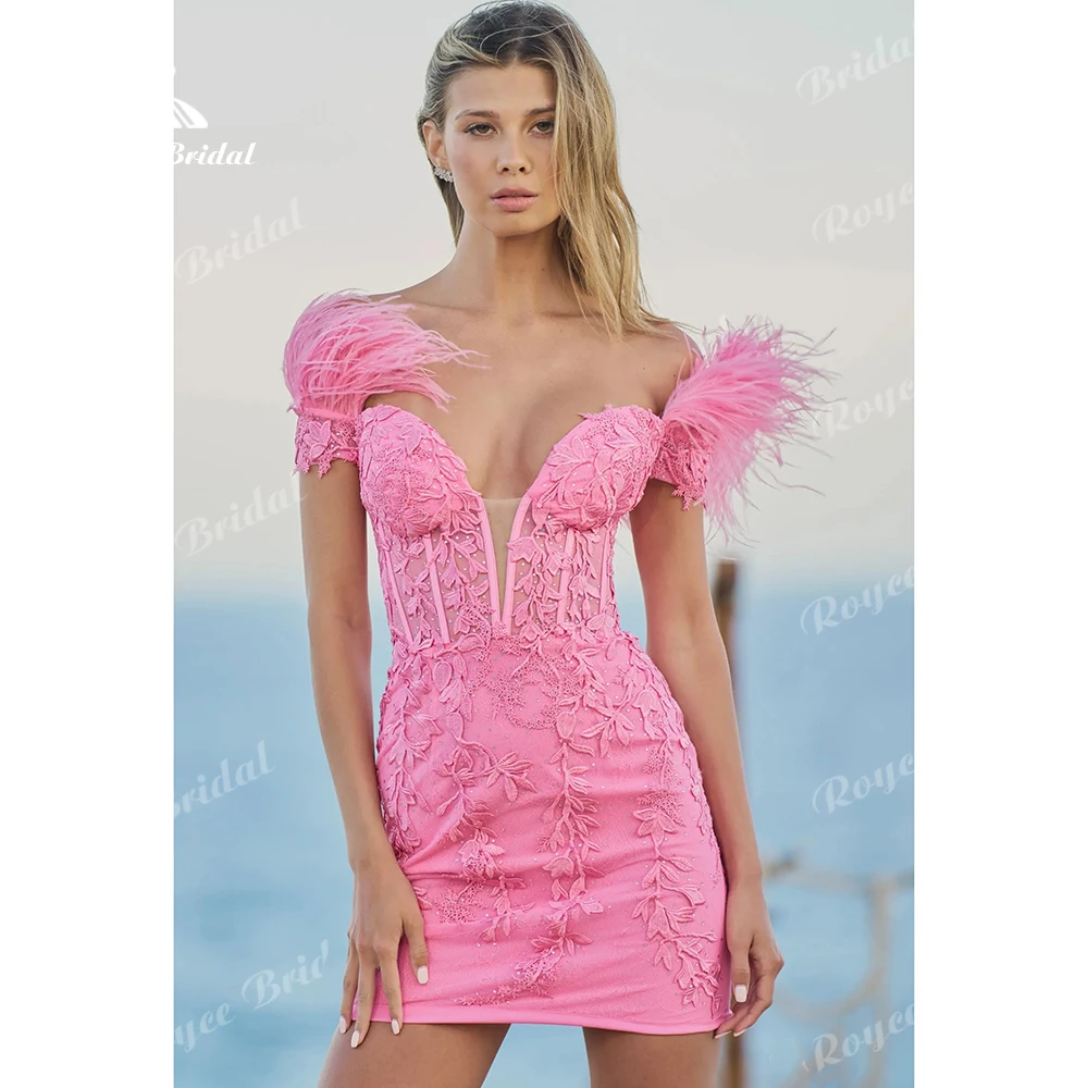 Barbie Deep V Feather Mini Prom Dress Lace Sheer Corset Bodycon Homecoming Dress Boning Short Party Dress Customized