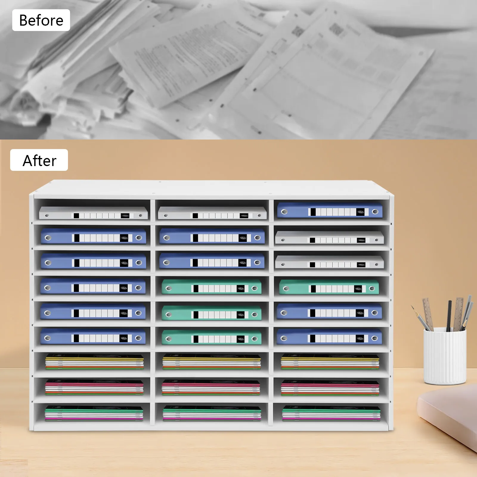 27-Slot Literature Organizer Rack - White PVC Mailbox for Classroom, Homeschool & Office File Storage  file cabinet