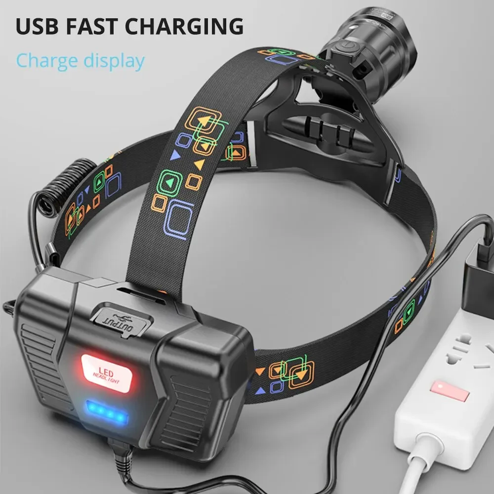 Super Bright LED Headlamp with XHP90 Lamp Beads USB Rechargeable Headlight Power Display Exploration Fishing Camping Flashlight